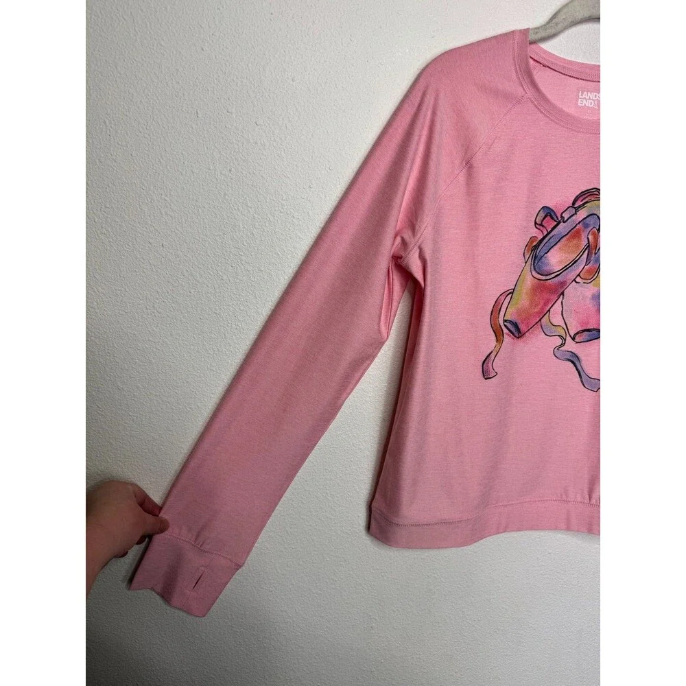 Lands End Girls XL Long Sleeve Shirt Pink Ballet Slippers Thump Holes Dance NWOT